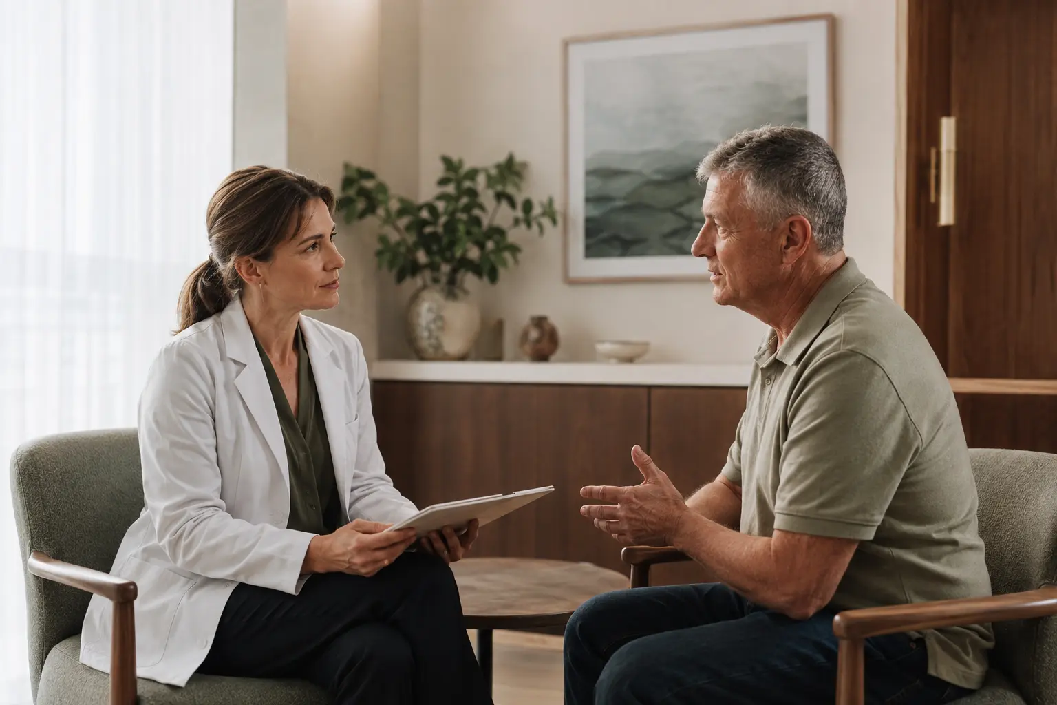 Patient discussing chronic pain history with an Australian healthcare practitioner