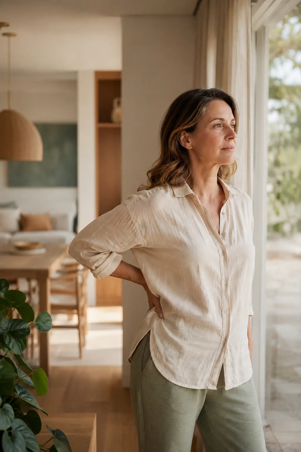 Woman living with chronic lower back pain at home